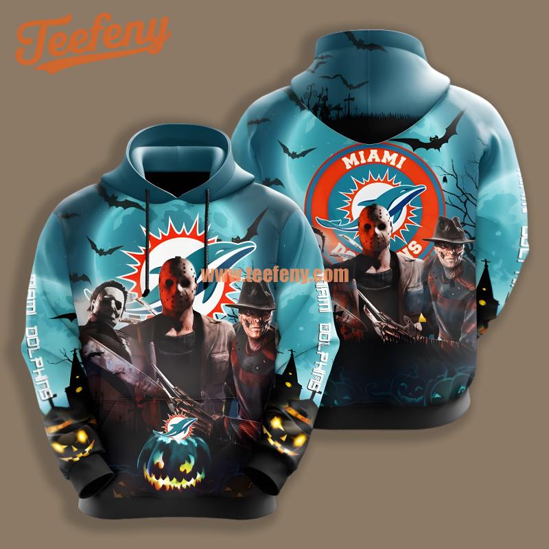 Miami Dolphins Freddy Krueger Michael Myers Halloween Blue Black Print 3D Hoodie