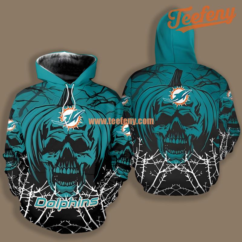 Miami Dolphins Halloween Pumpkin Skull Blue Black Unisex 3D Hoodie