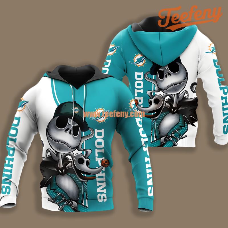 Miami Dolphins Jack Skellington Zero Halloween White Blue Jacket 3D Hoodie