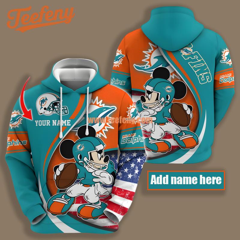 Miami Dolphins Mickey Mouse Blue Orange 3D Puff Print Hoodie
