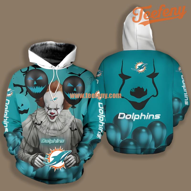 Miami Dolphins Pennywise Halloween White Blue Printed 3D Hoodie