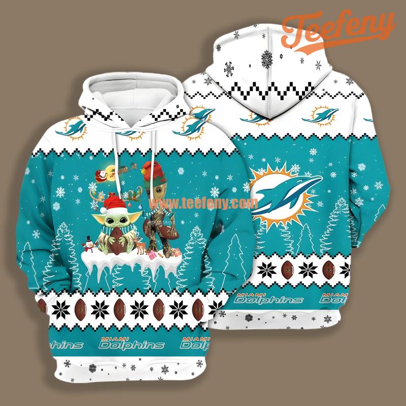 Miami Dolphins Santa Baby Yoda Groot Christmas Blue White Pullover 3D Hoodie