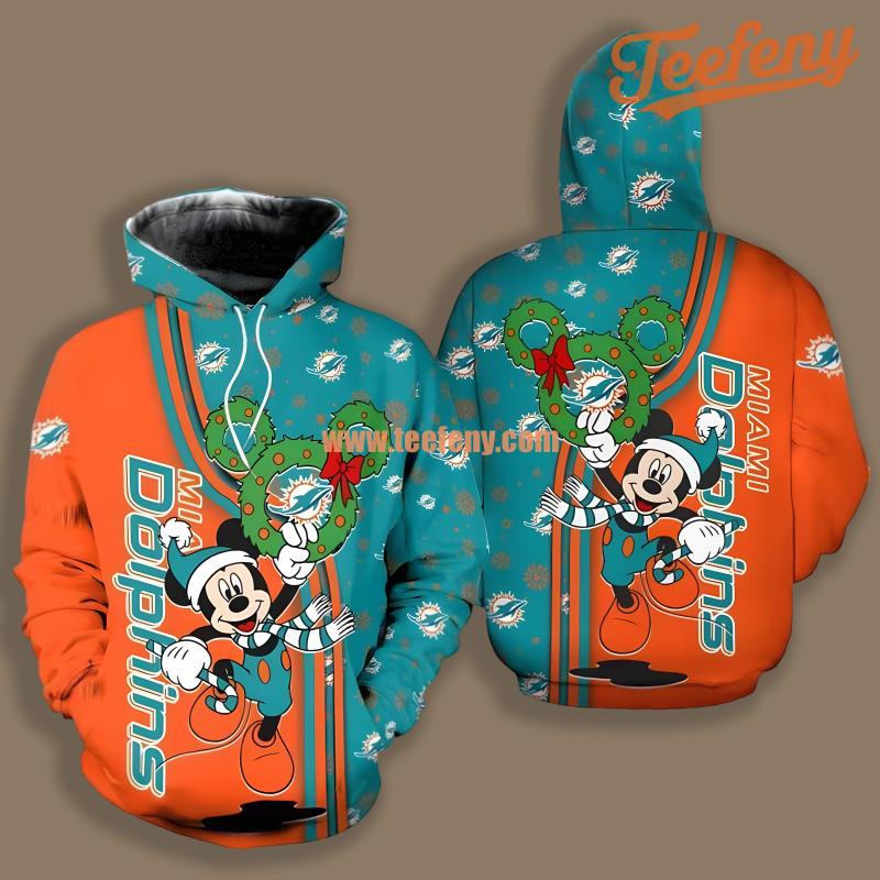 Miami Dolphins Santa Mickey Mouse Christmas Blue Orange Novelty 3D Hoodie