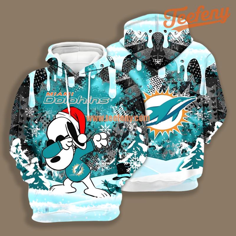 Miami Dolphins Santa Snoopy Christmas Blue White Pullover 3D Hoodie