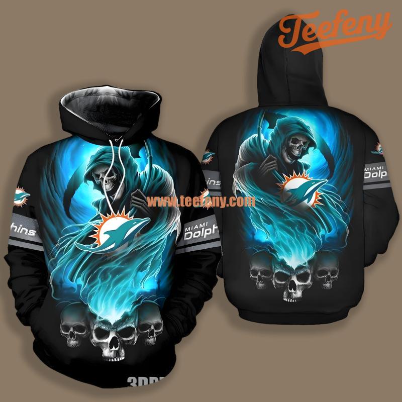 Miami Dolphins Skull Black Blue Mens 3D Hoodie