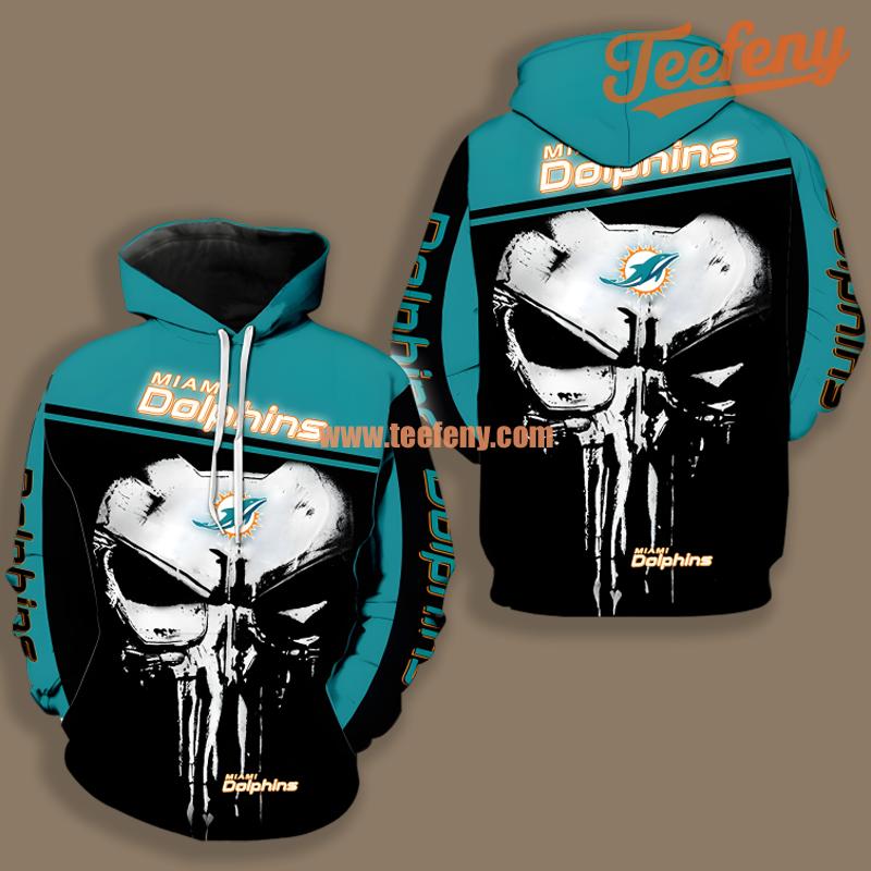 Miami Dolphins Skull Blue Black Pullover Puff Print 3D Hoodie