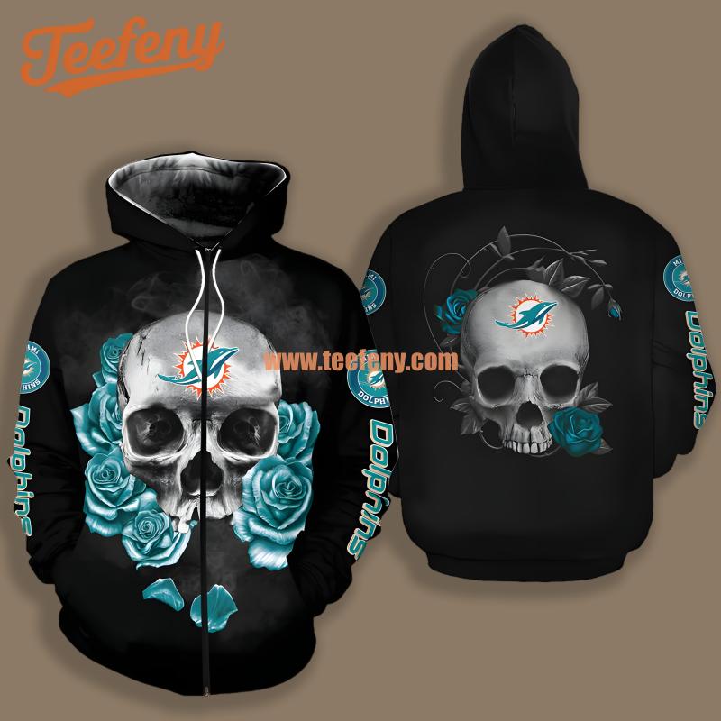 Miami Dolphins Skull Flower Halloween Blue Black Design 3D Hoodie