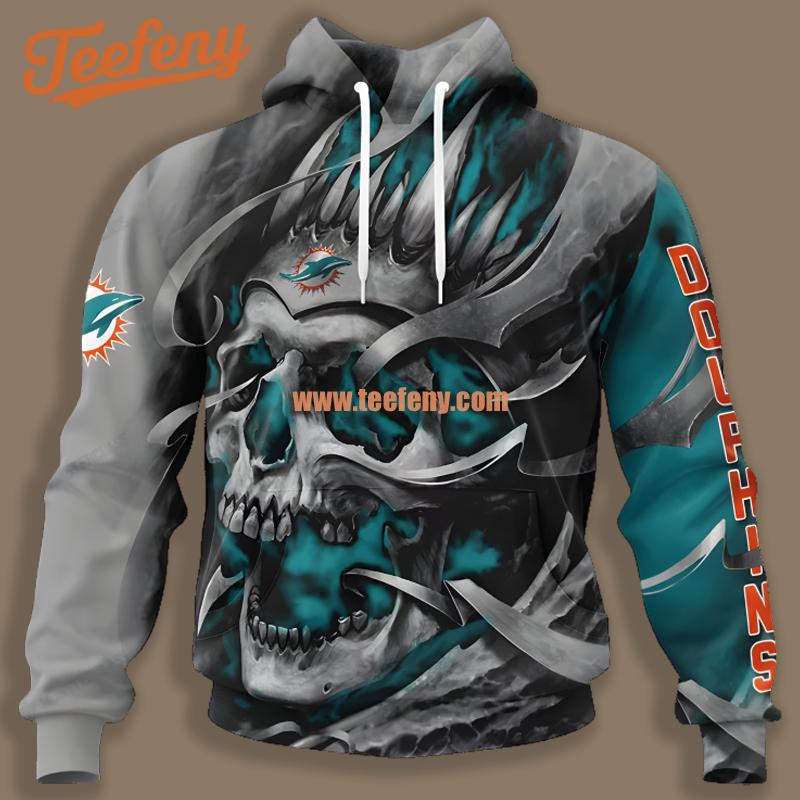 Miami Dolphins Skull Halloween Grey Blue Zip Up 3D Hoodie