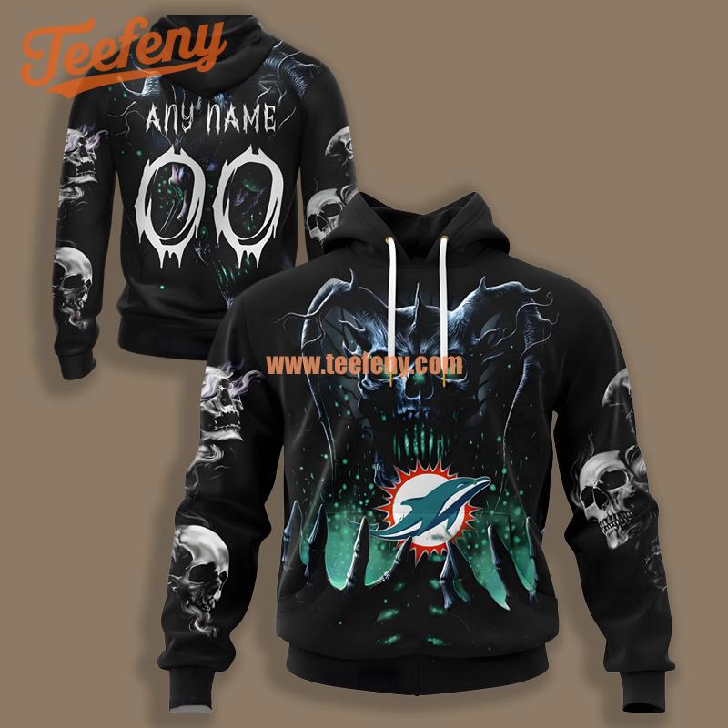 Miami Dolphins Skull Power Rise Personalized Black Full Print 3D Hoodie