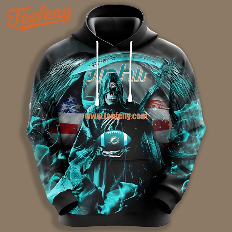 Miami Dolphins Skull Uprising Blue Black Zipper 3D Hoodie