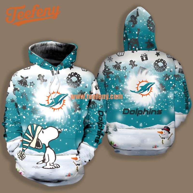 Miami Dolphins Snoopy Snowman Christmas Blue White Design 3D Hoodie