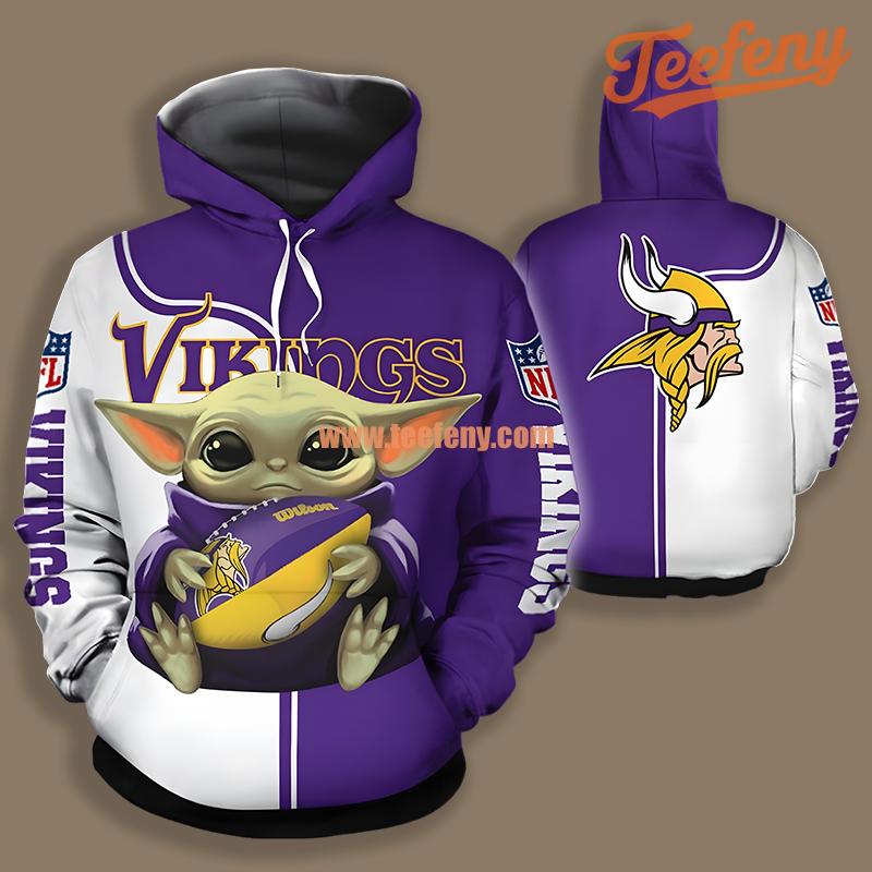 Minnesota Vikings Baby Yoda Purple White Full Print 3D Hoodie
