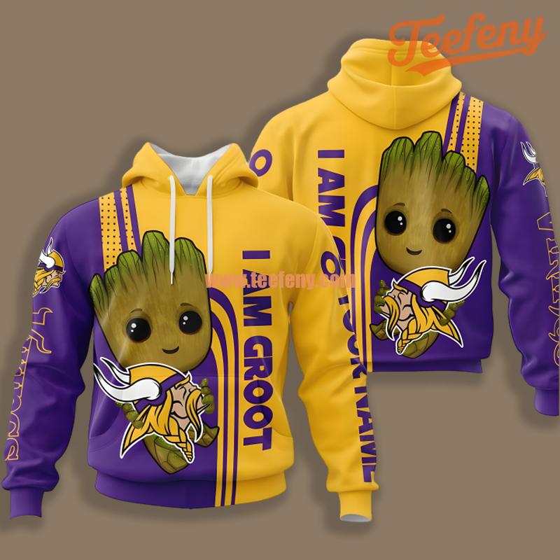 Minnesota Vikings Groot Yellow Purple Zip Up 3D Hoodie
