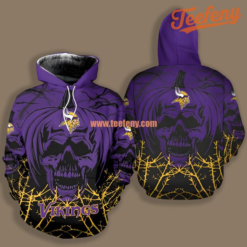 Minnesota Vikings Halloween Pumpkin Skull Purple Black Art 3D Hoodie