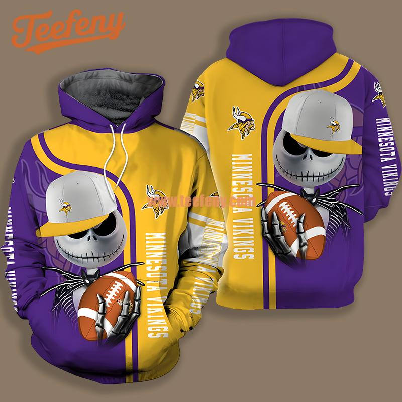 Minnesota Vikings Jack Skellington Yellow Purple Zipper 3D Hoodie