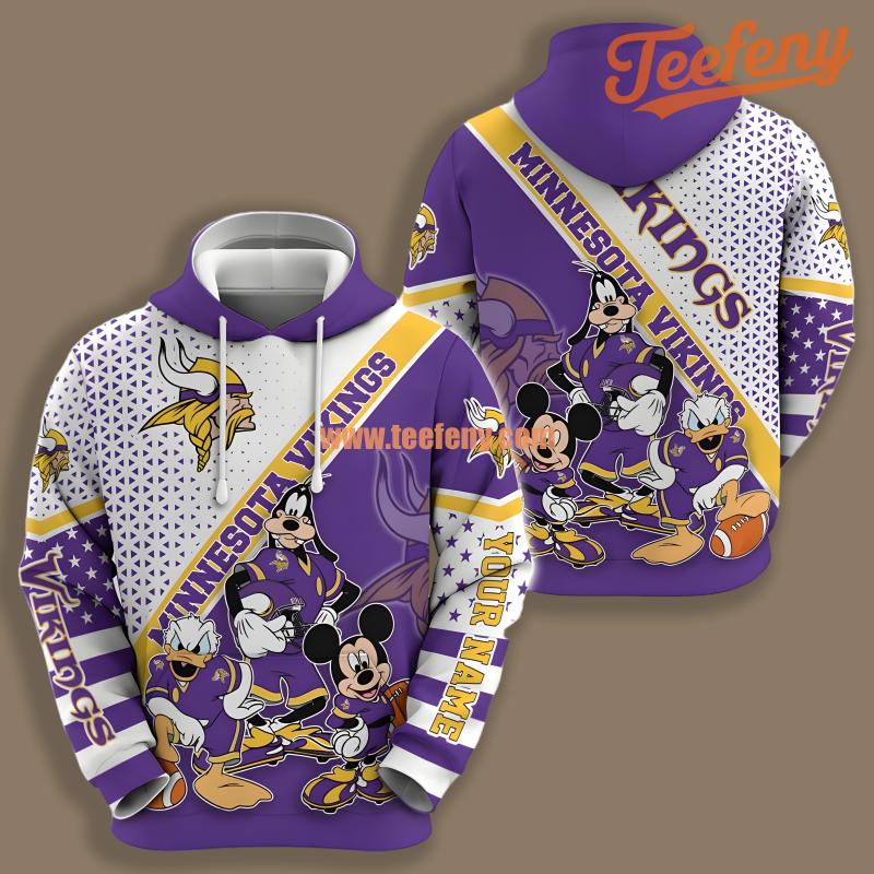 Minnesota Vikings Mickey Goofy White Purple 3D Hoodie For Men