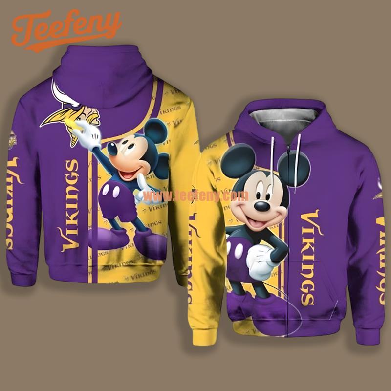 Minnesota Vikings Mickey Mouse Disney Yellow Purple Design 3D Hoodie