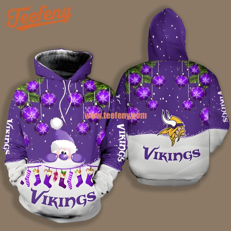 Minnesota Vikings Santa Claus Purple White Design 3D Hoodie