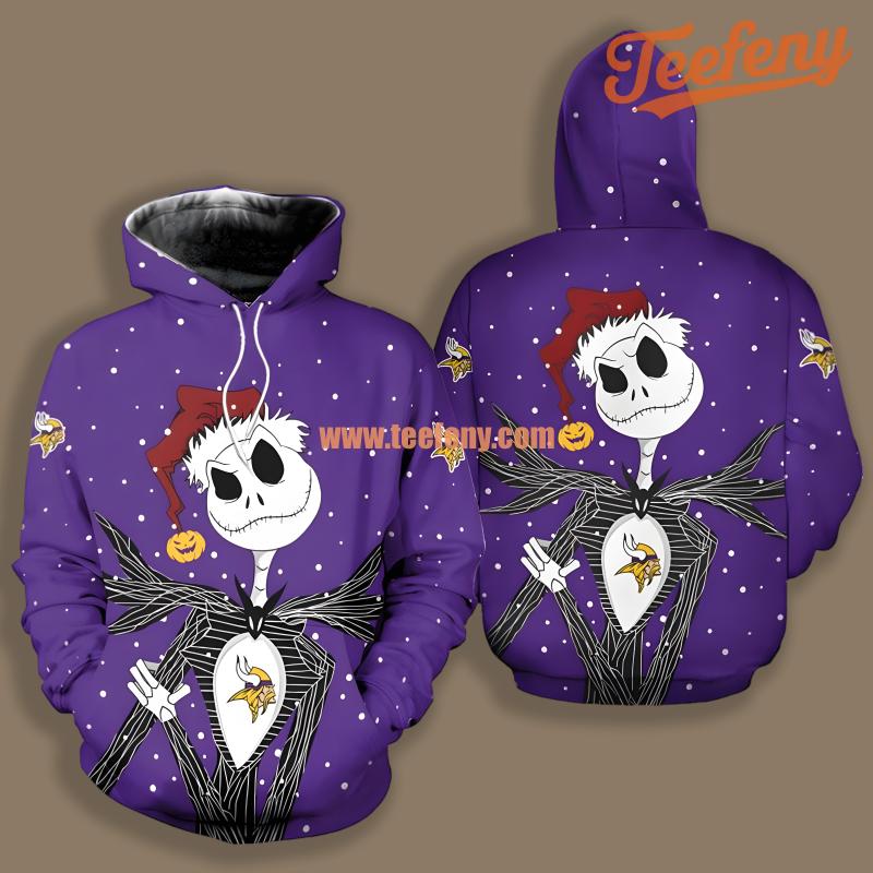 Minnesota Vikings Santa Jack Skellington Purple Cool 3D Hoodie