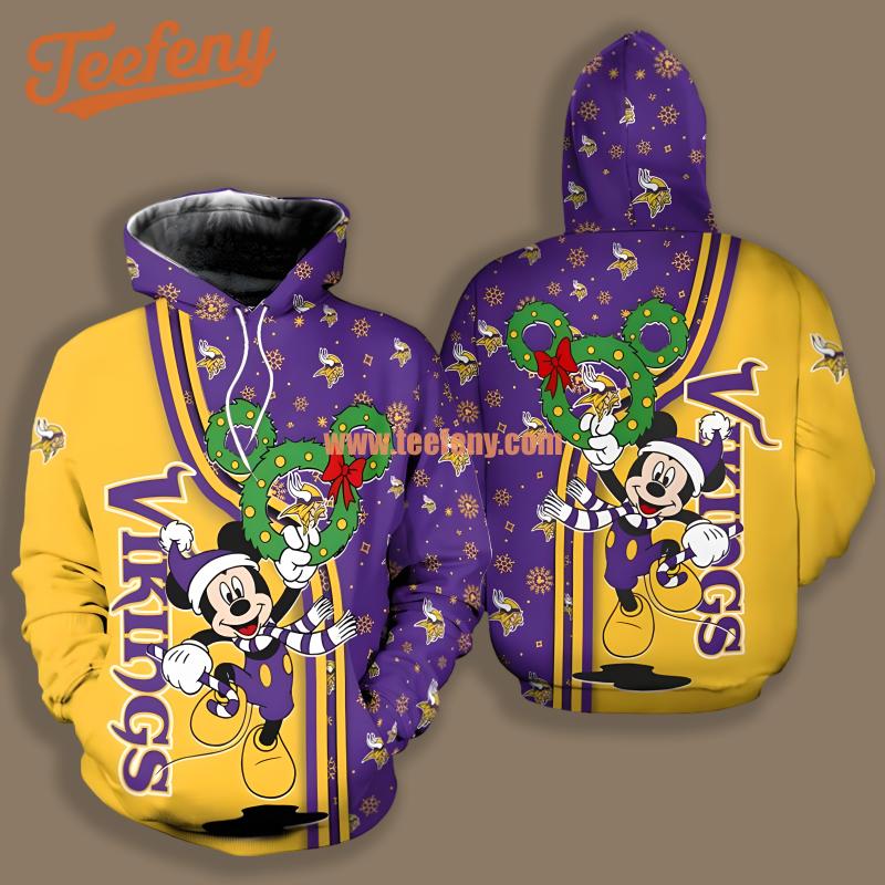 Minnesota Vikings Santa Mickey Mouse Christmas Purple Yellow Illusion 3D Hoodie