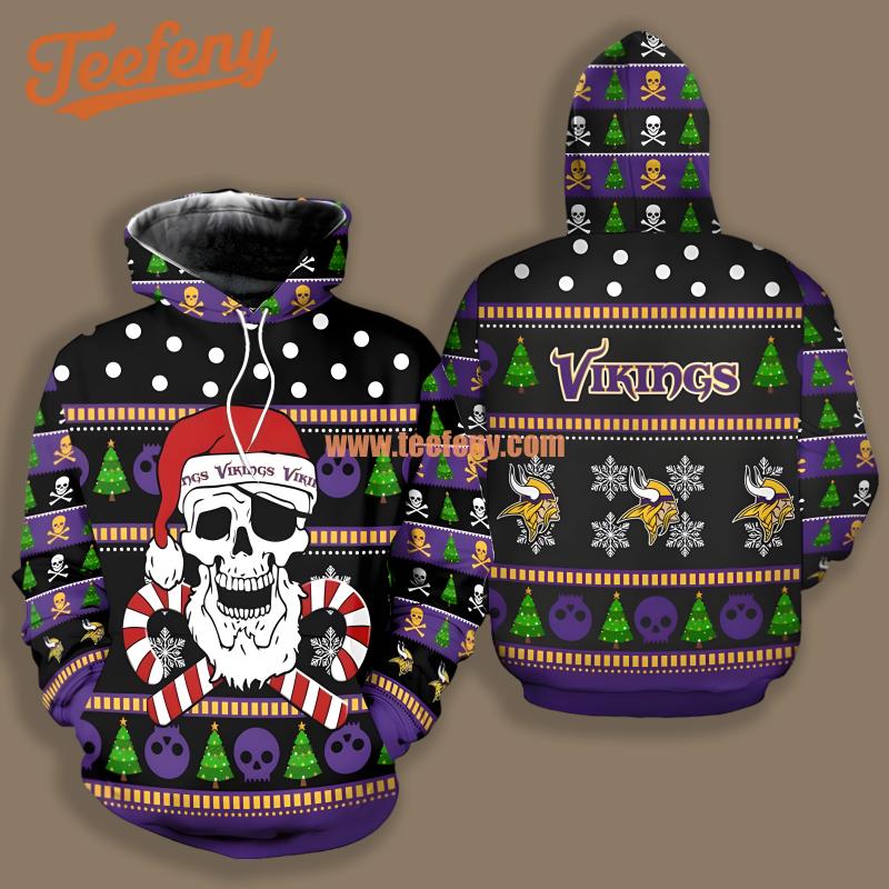 Minnesota Vikings Santa Skull Candy Purple Black Youth 3D Hoodie