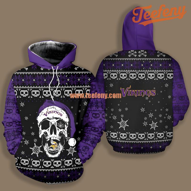 Minnesota Vikings Santa Skull Purple Black Novelty 3D Hoodie