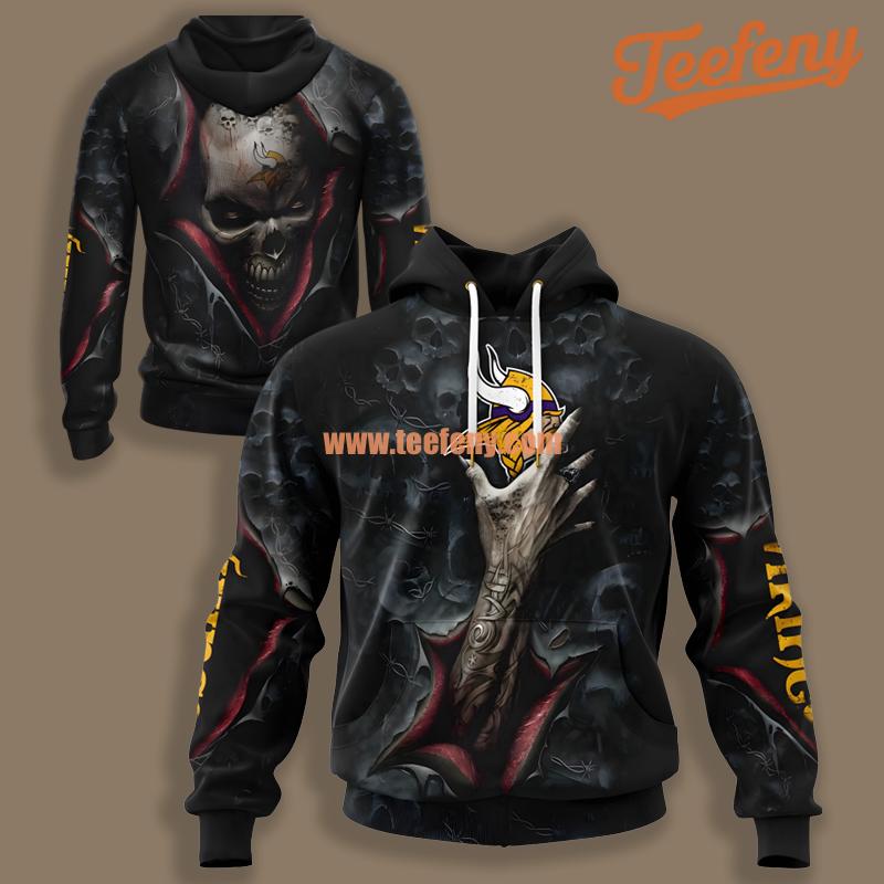 Minnesota Vikings Skull Bloody Hand Black Pullover 3D Hoodie