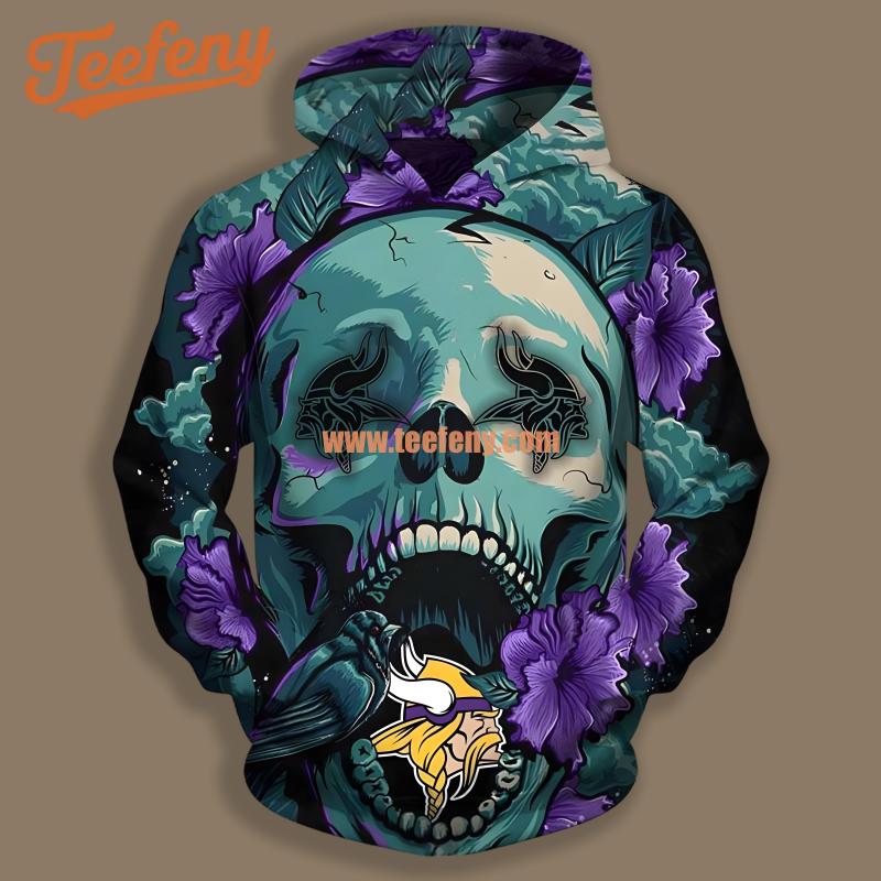 Minnesota Vikings Skull Flower Black Puff Print 3D Hoodie