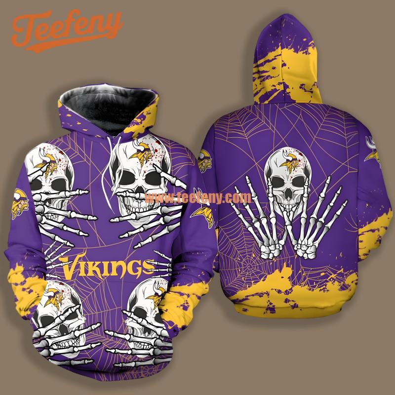 Minnesota Vikings Skull Halloween Yellow Purple Fashion 3D Hoodie