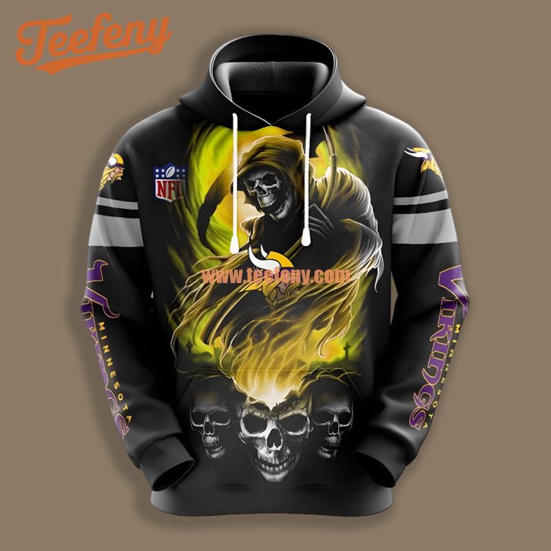 Minnesota Vikings Skull Scary Yellow Black Pullover 3D Hoodie
