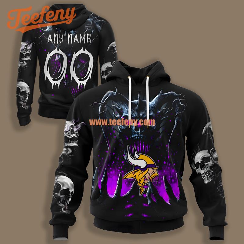 Minnesota Vikings Skull Uprising Black Personalized 3D Hoodie