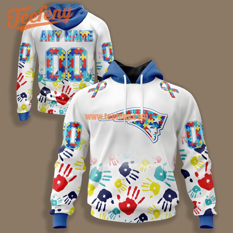 New England Patriots Autism Awareness Personalized White 3D Hoodie