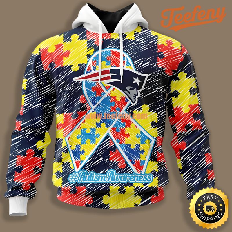 New England Patriots Autism Puzzle Ribbon Blue Zipper 3D Hoodie