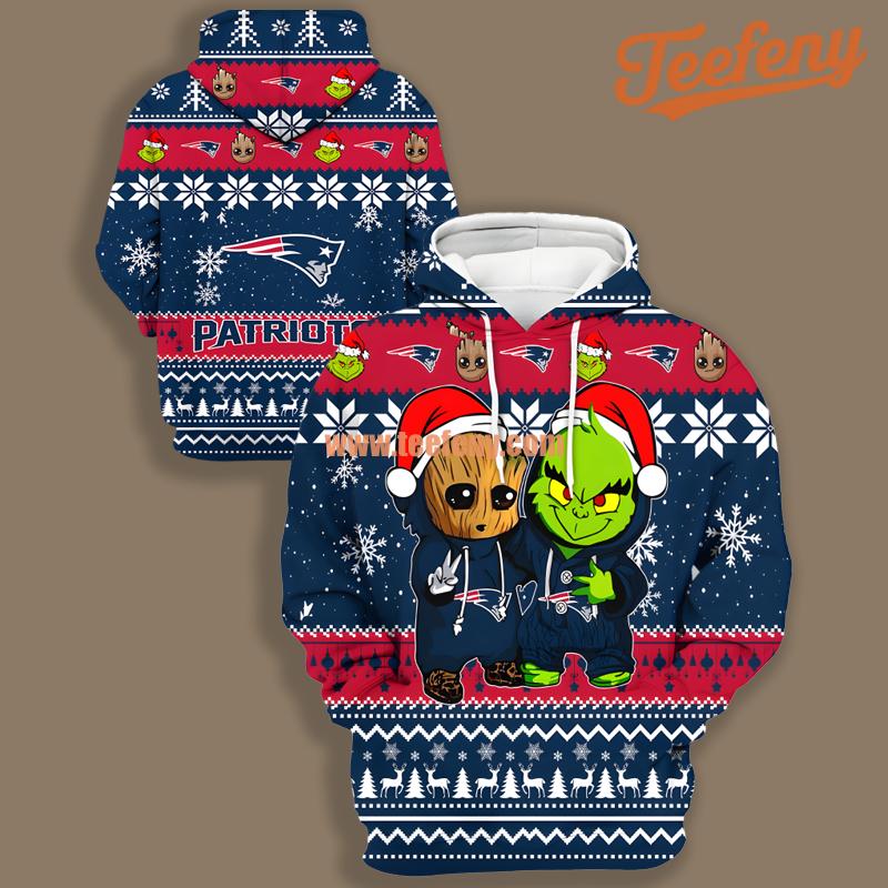 New England Patriots Baby Groot Grinch Christmas Red Blue Ugly 3D Hoodie