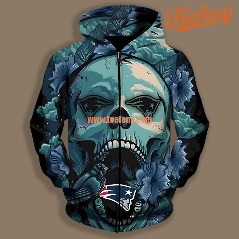 New England Patriots Flower Skull Black Blue 3D Hoodie