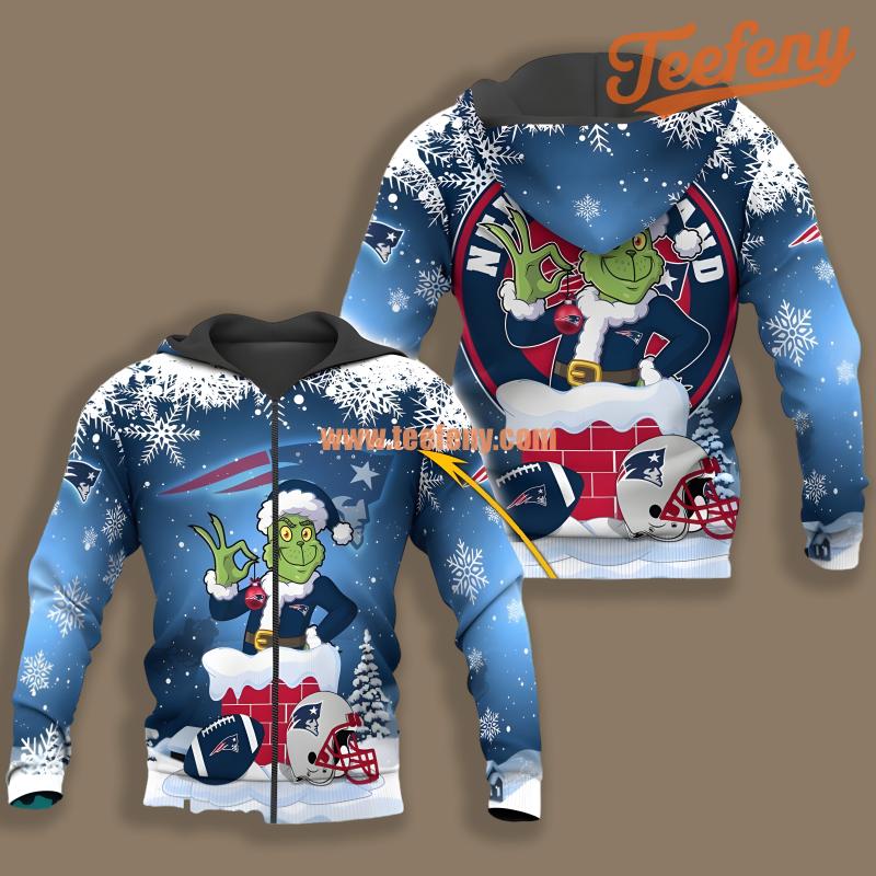 New England Patriots Grinch Chimney Christmas Blue 3D Puff Print Hoodie