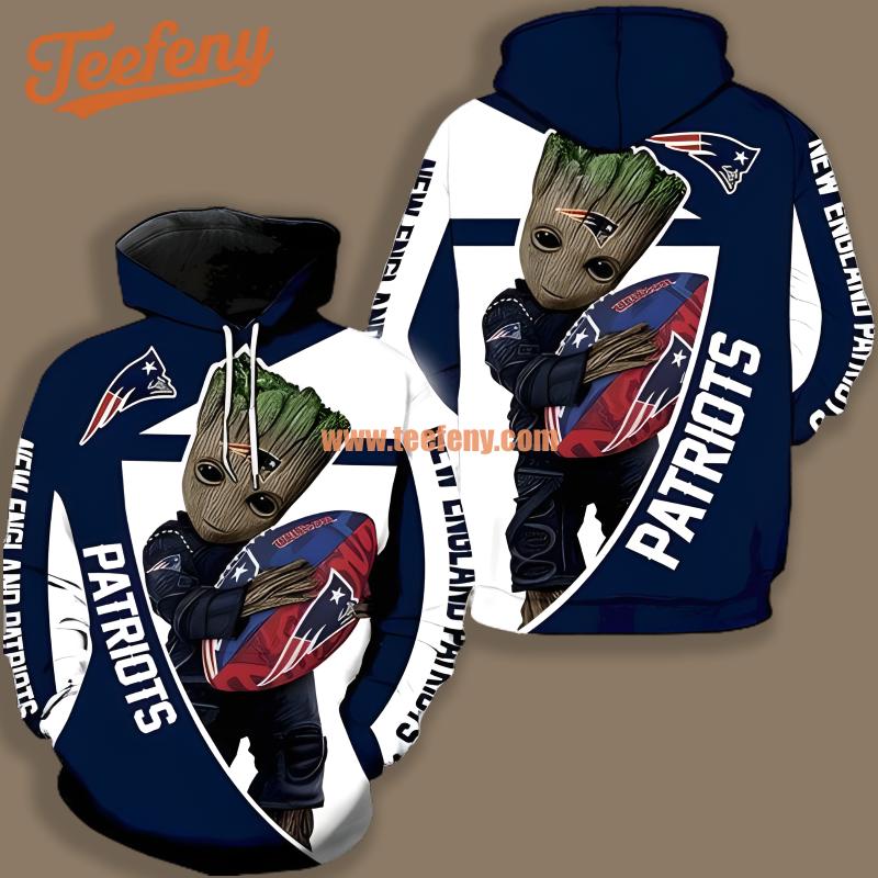 New England Patriots Groot Hugs White Blue Printed 3D Hoodie