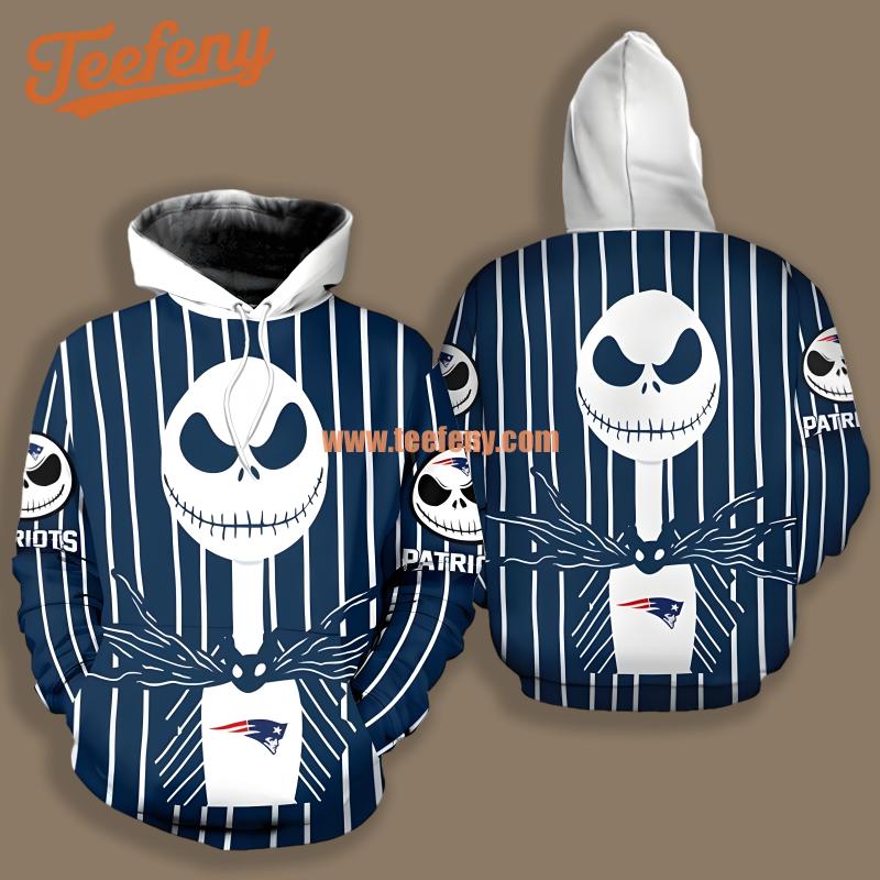 New England Patriots Halloween Jack Skellington Blue White Horror 3D Hoodie