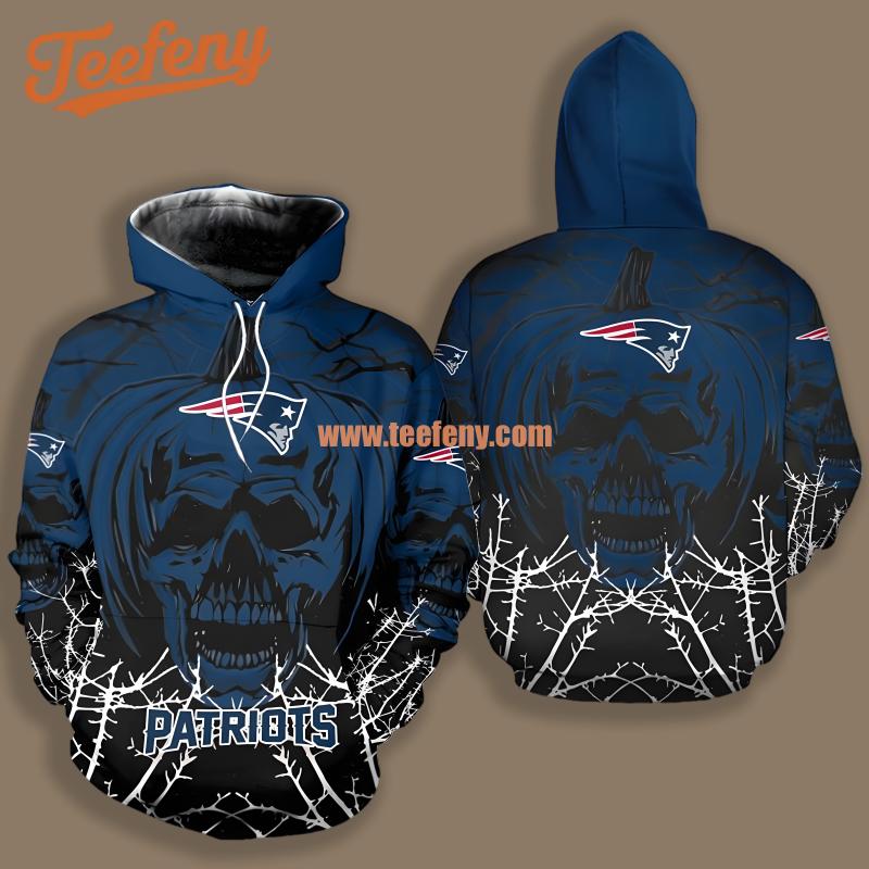 New England Patriots Halloween Pumpkin Skull Blue Print 3D Hoodie