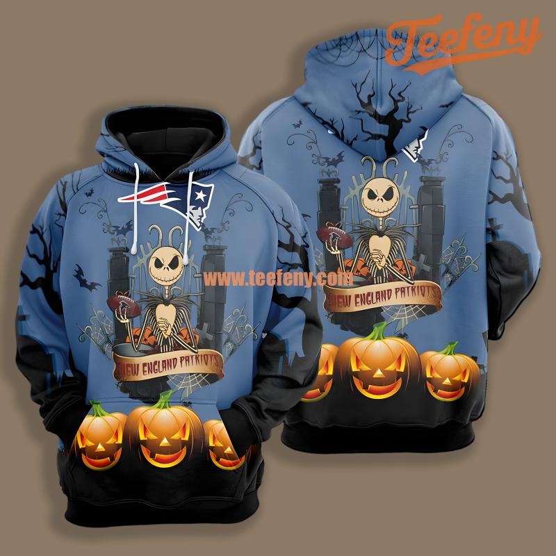 New England Patriots Jack Skellington Pumpkin Blue For Men 3D Hoodie