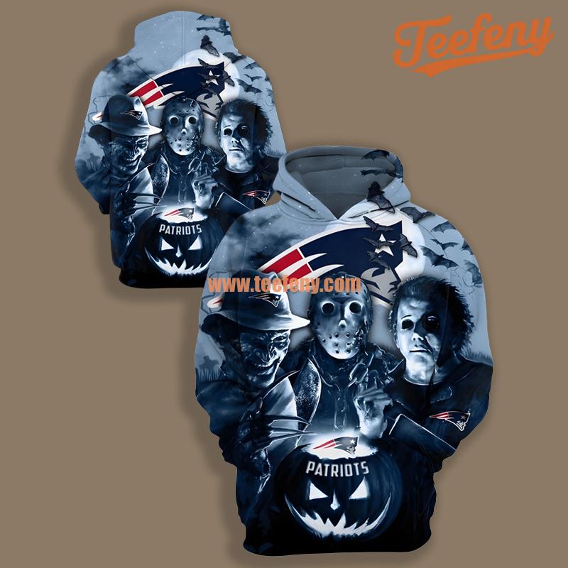 New England Patriots Michael Myers Freddy Krueger Halloween Blue Pattern 3D Hoodie
