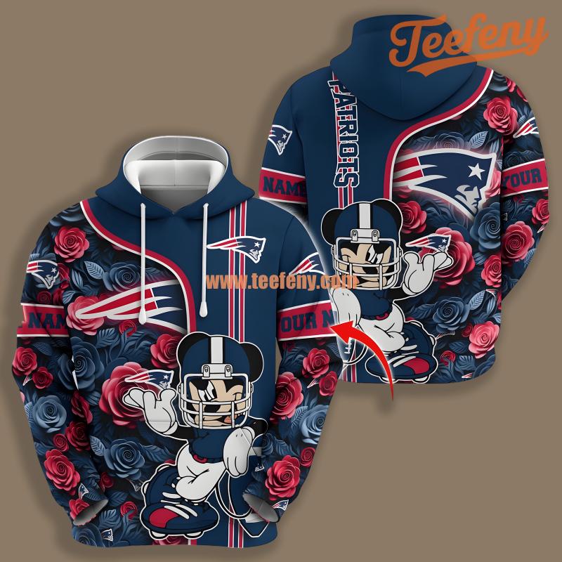 New England Patriots Mickey Mouse Flower Personalized Blue Print 3D Hoodie