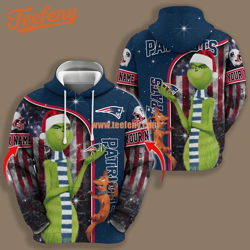 New England Patriots Santa Grinch Christmas Personalized Blue Pullover 3D Hoodie