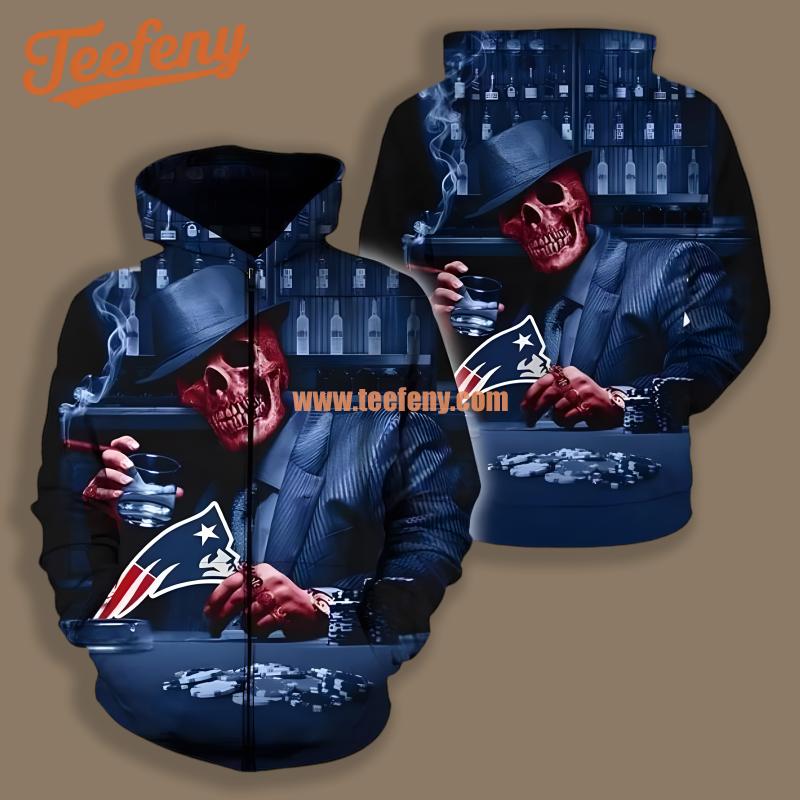 New England Patriots Skull Blue Printed 3D Hoodie