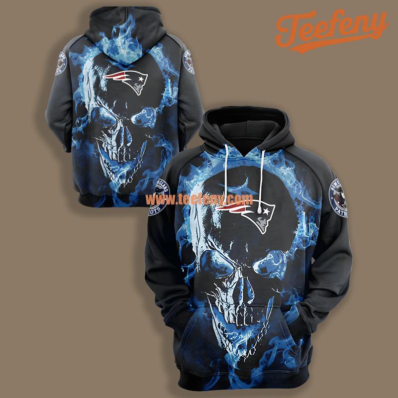 New England Patriots Skull Uprising Black Blue Printing 3D Hoodie