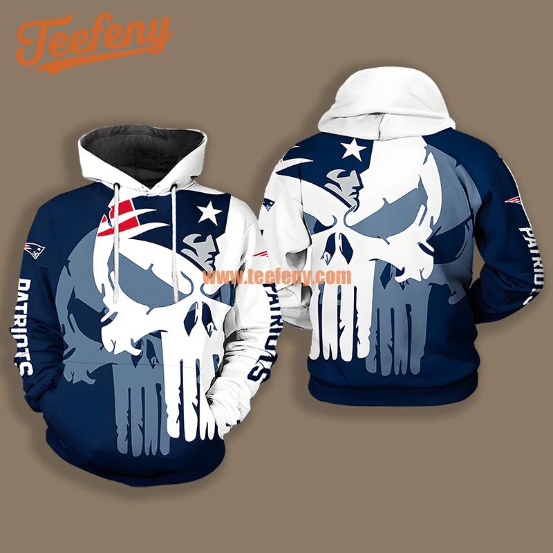 New England Patriots Skull White Blue Full Print 3D Hoodie