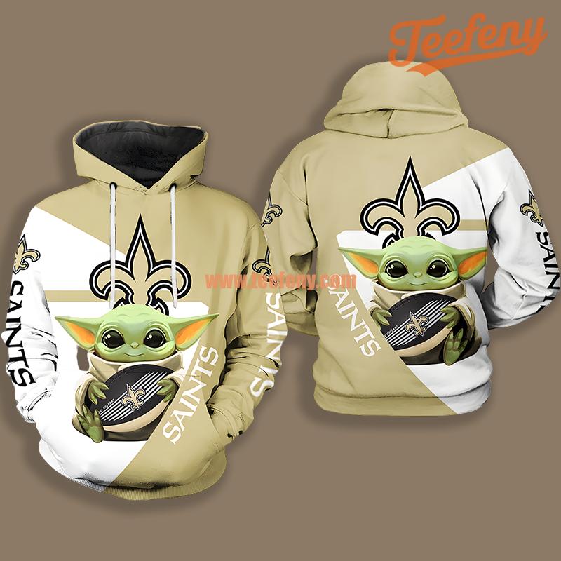New Orleans Saints Baby Yoda White Yellow Horror 3D Hoodie