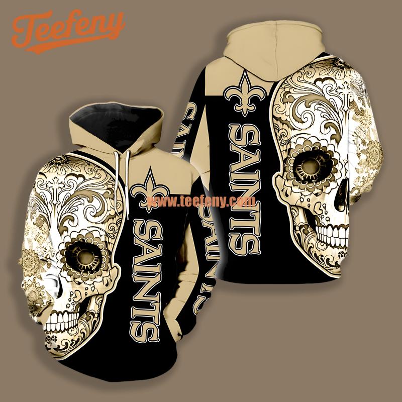 New Orleans Saints Flower Skull Black Yellow Design 3D Hoodie