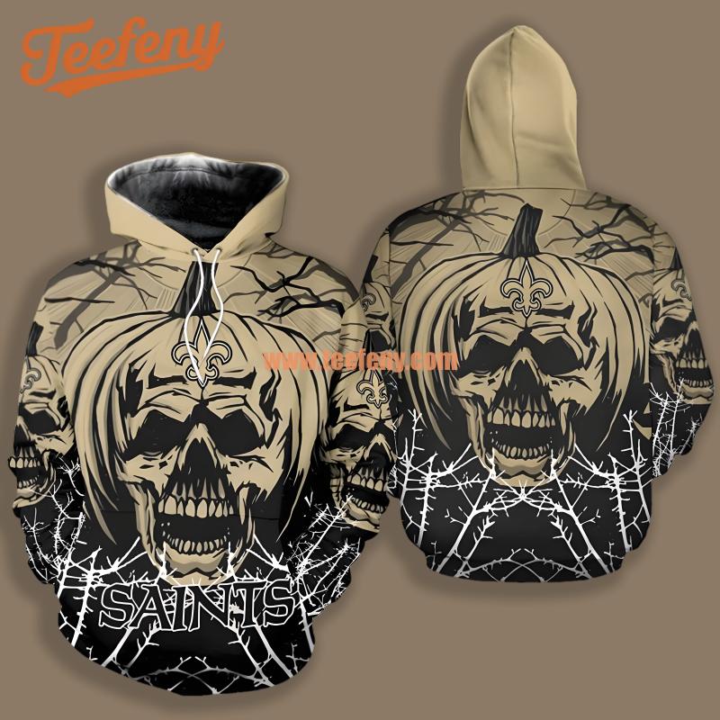 New Orleans Saints Halloween Pumpkin Skull Yellow Black Graphic 3D Hoodie