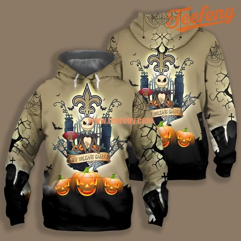 New Orleans Saints Jack Skellington Pumpkin Halloween Grey Black For Men 3D Hoodie
